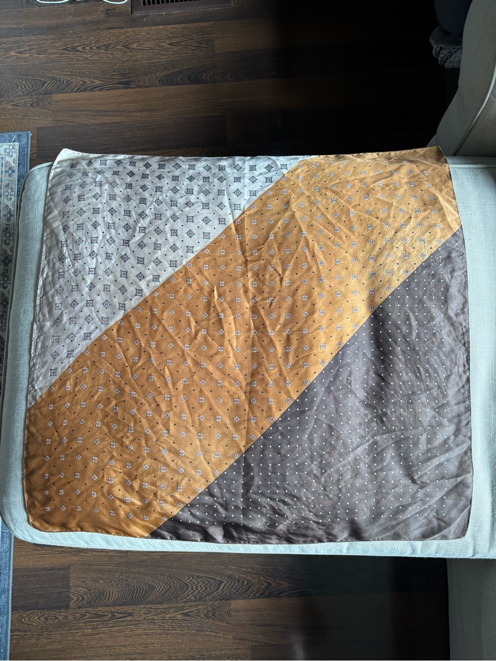 Reversible Diagonal Patchwork Throw Blanket in Dark Brown, Tan, and Grey